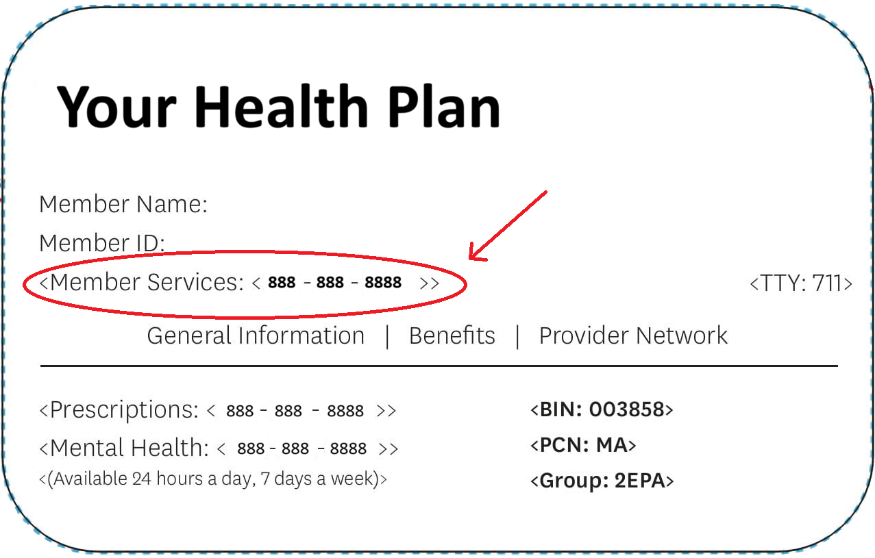 Generic example of a health insurance card with an arrow pointing at where to find the member services phone number.